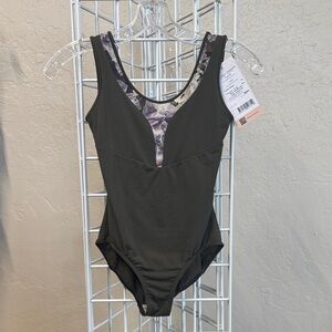 Nikolay - olive green tank leotard w/Floral Trim.